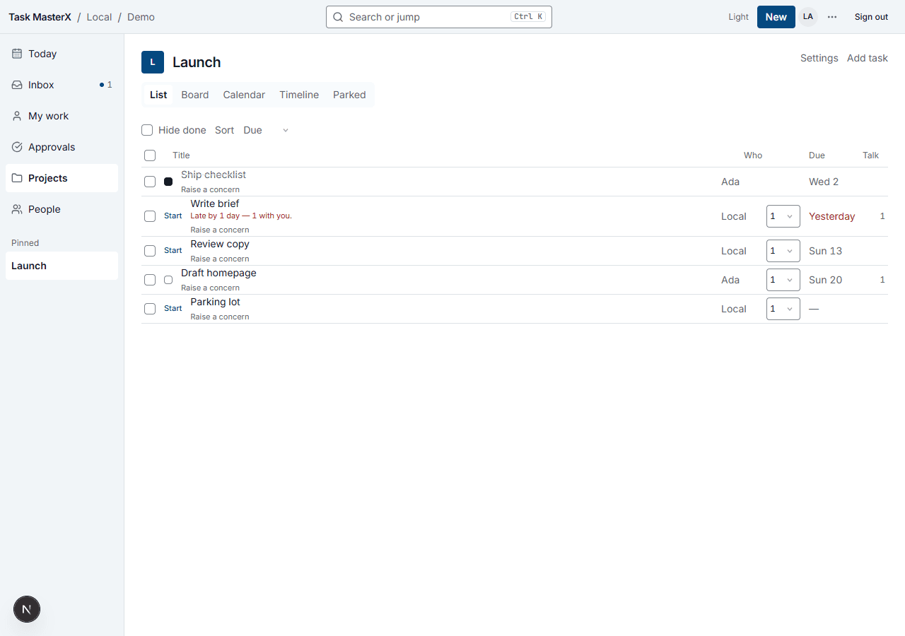 Task list showing due dates and status